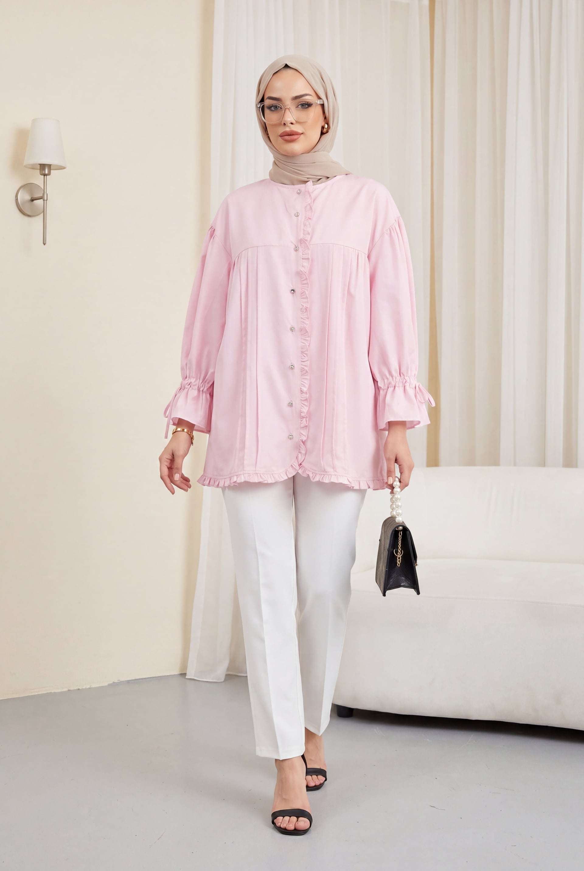 Ruffled Trim Long-Sleeve Tie-Cuff Stone-Button Tunic - Pink - Podyumplus - by Peralane - photo 3