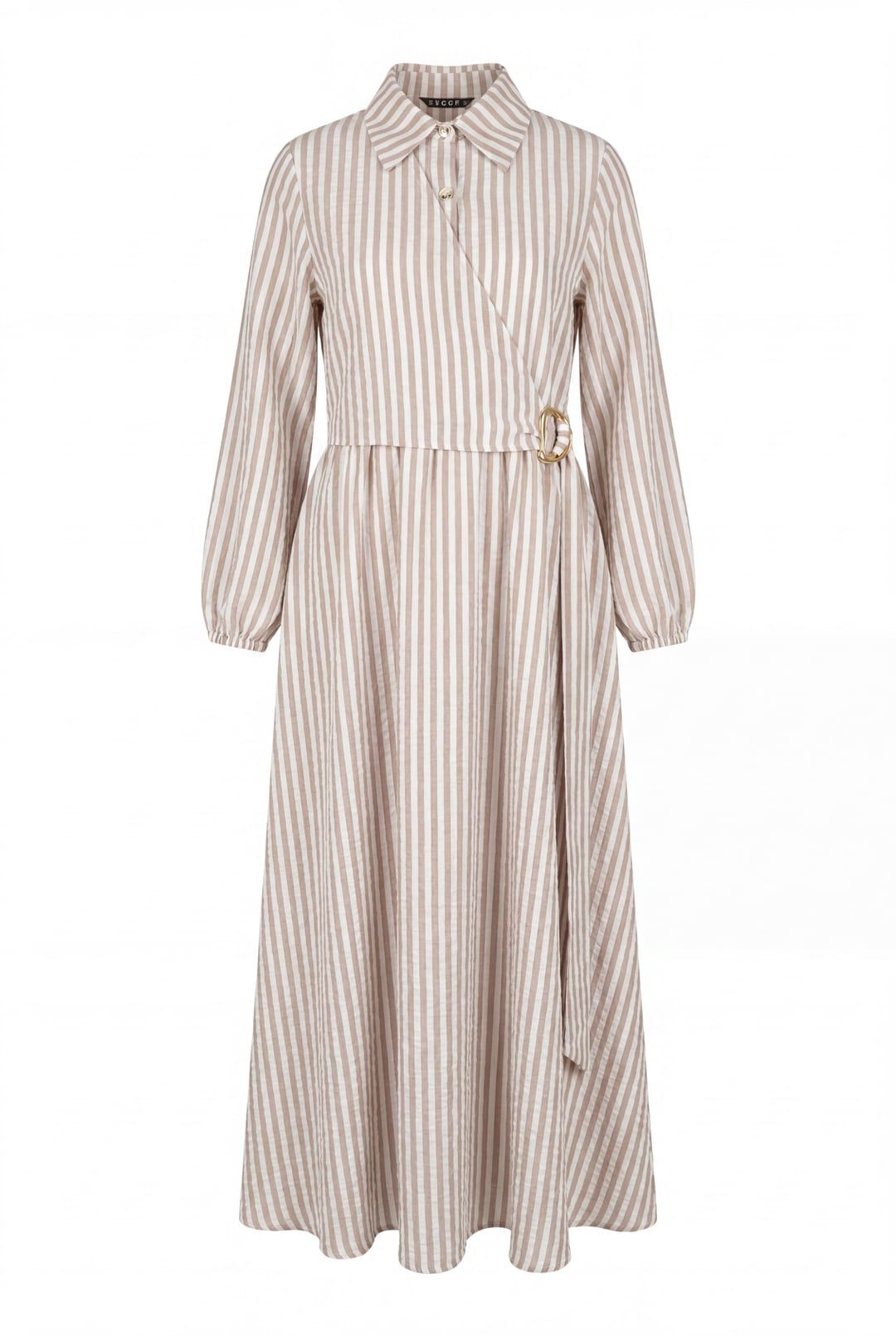 Striped Linen Dress with Collar, Half-Button Front, and Side Tie - Mink - Podyumplus - by Peralane - photo 2