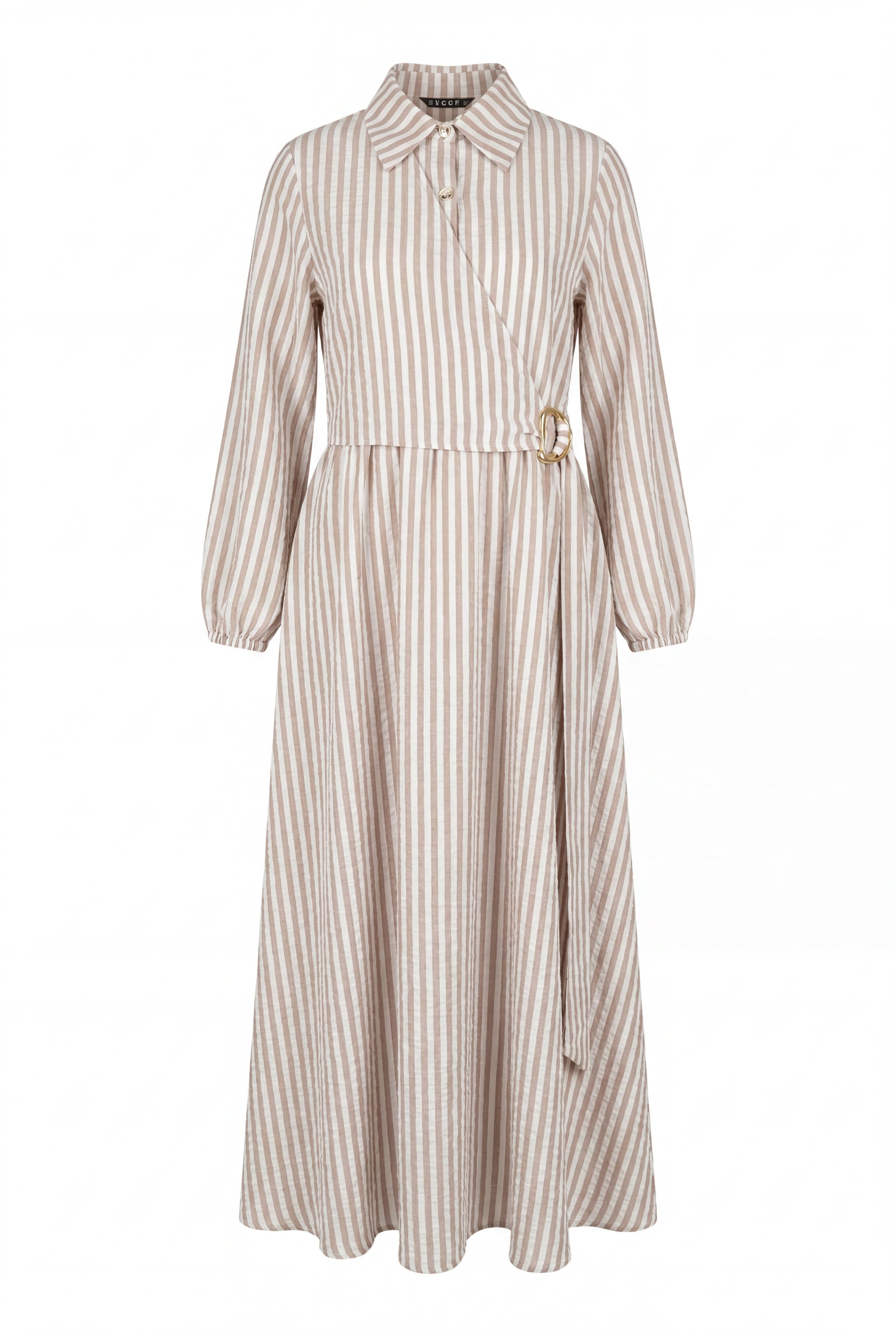 Striped Linen Dress with Collar, Half-Button Front, and Side Tie - Mink - Podyumplus - by Peralane - photo 2