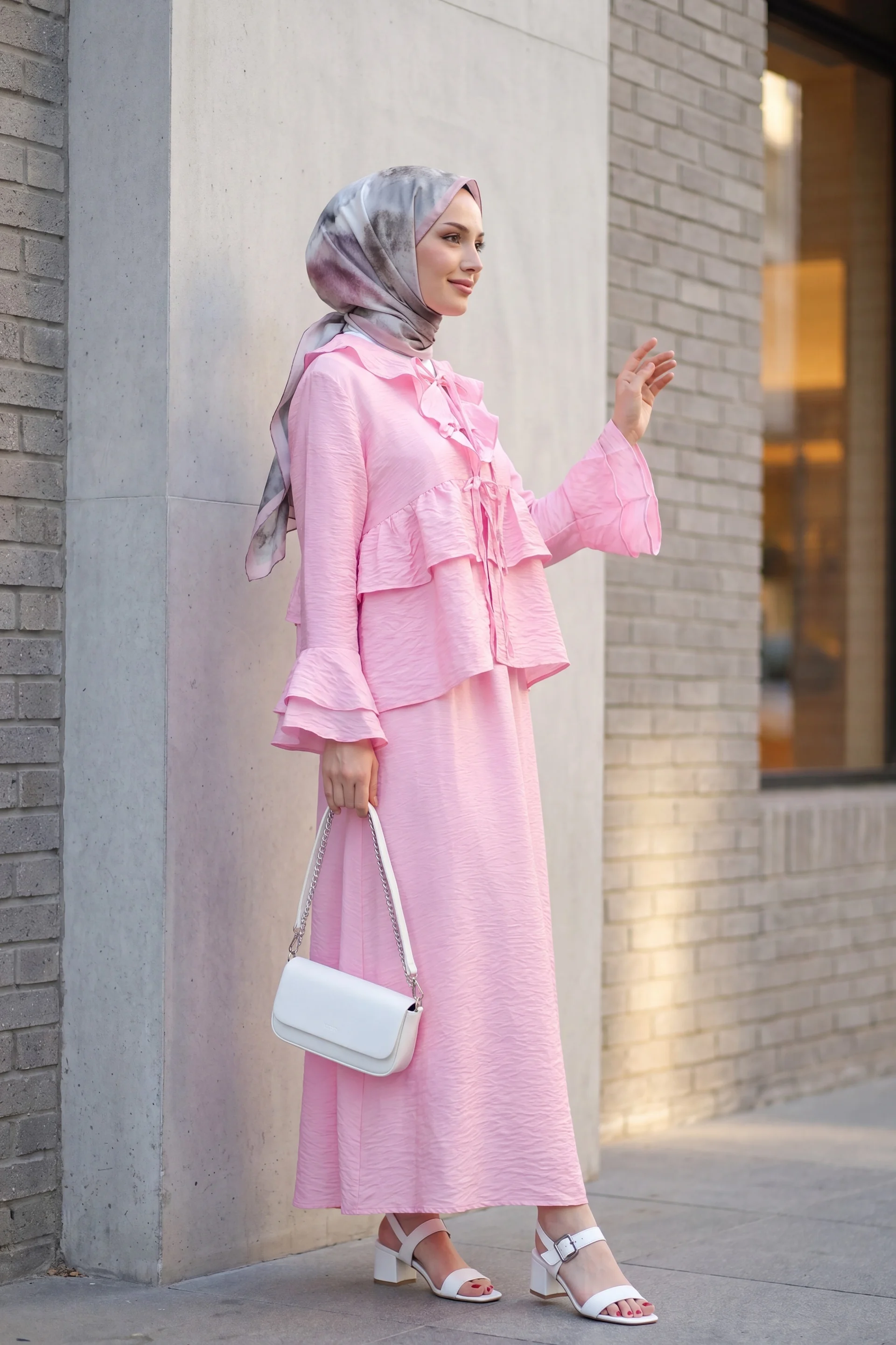 Pink Frilled Spanish Sleeve Wrap Front Long Skirt Cupro Kimono Set - Podyumplus - by Peralane - photo 2