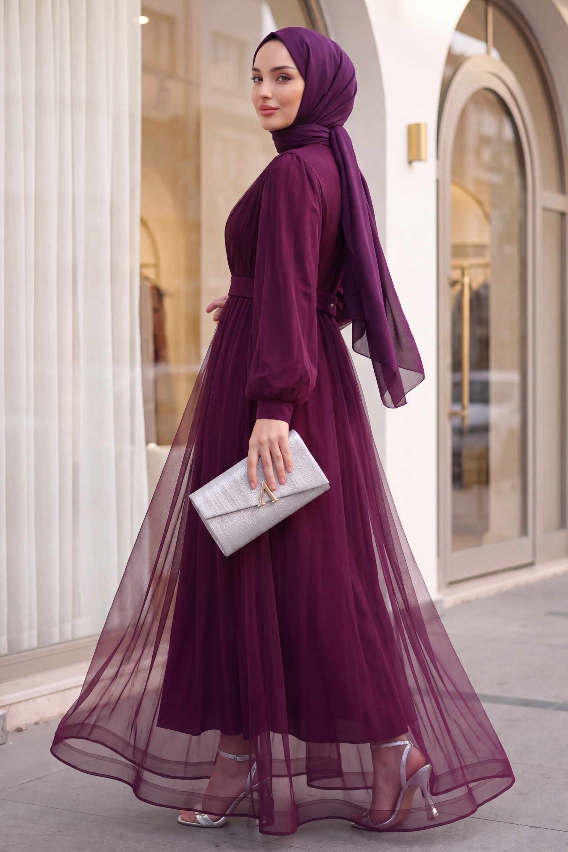 Burgundy Stone-Embellished Draped Belted Tulle Evening Dress - Podyumplus - by Peralane - photo 4