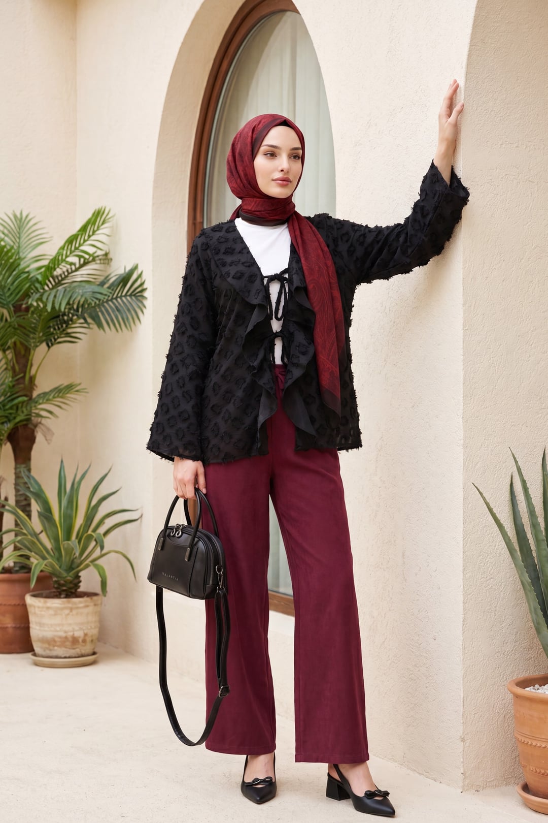 Black Ruffled Tie-Front Jacquard Kimono Jacket - Podyumplus - by Peralane - photo 2