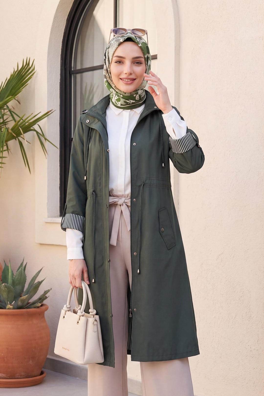 Women's Hooded Trench Coat with Striped Lining - Olive - Podyumplus - by Peralane