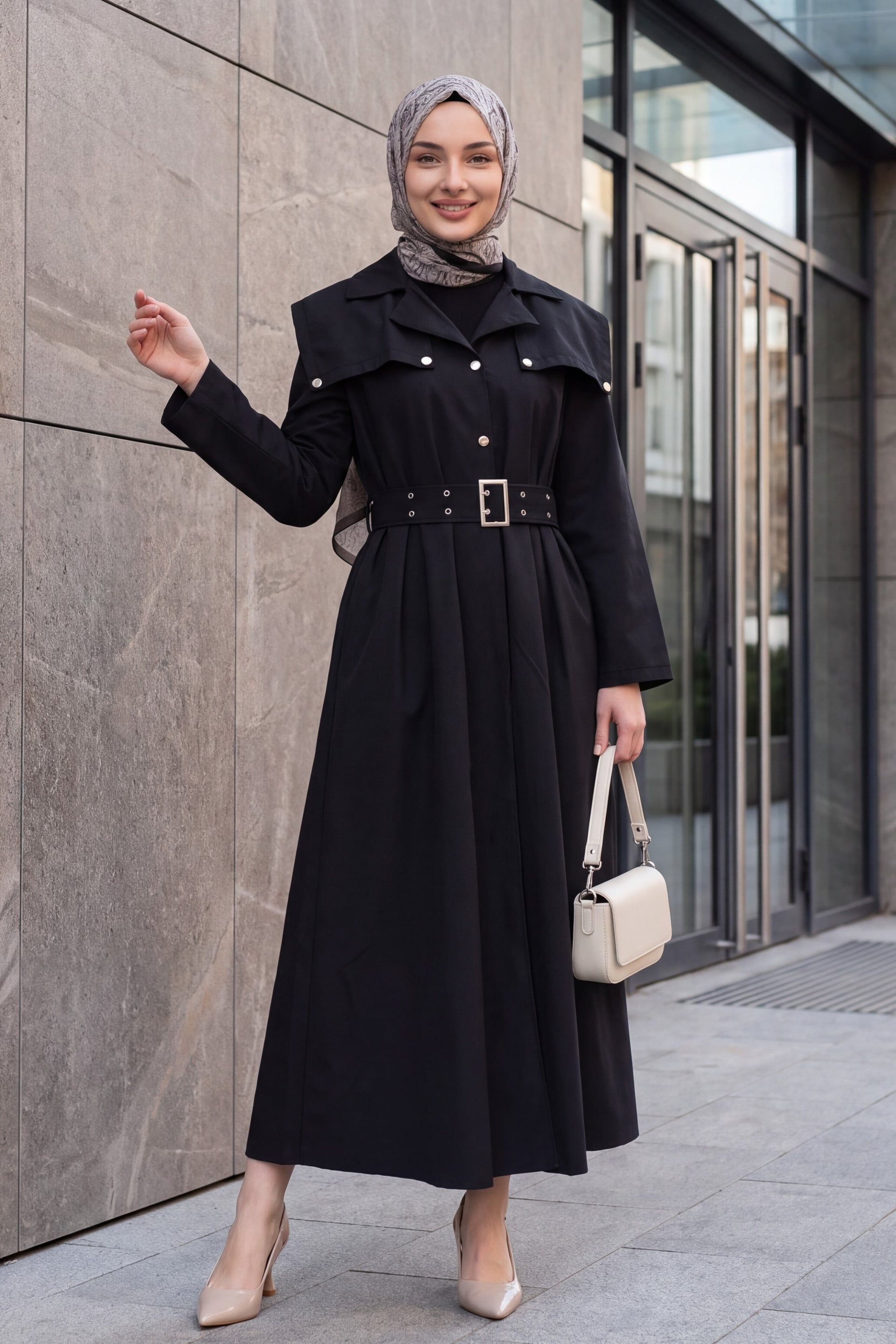 Half-Button Collared Side-Pocket Belted Cotton Satin Dress - Black - Podyumplus - by Peralane - photo 3