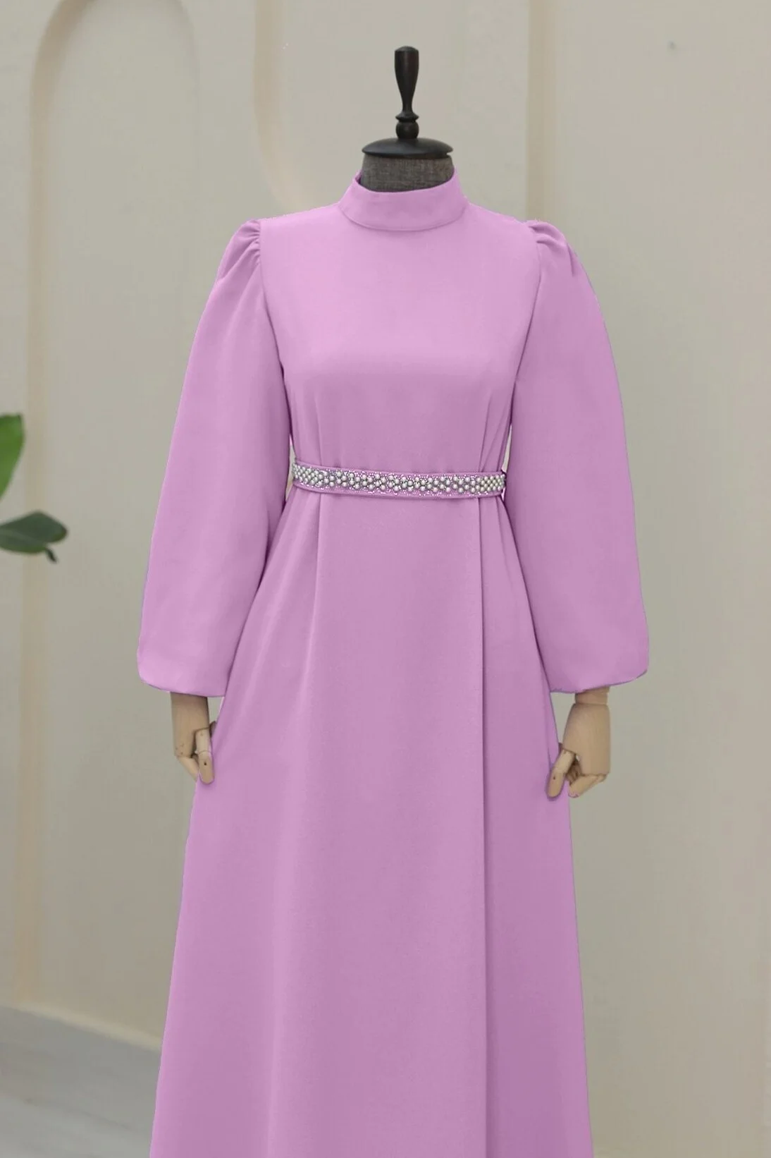 Crew Neck Balloon Sleeve Belted Dress - Pink - Podyumplus - by Peralane - photo 5