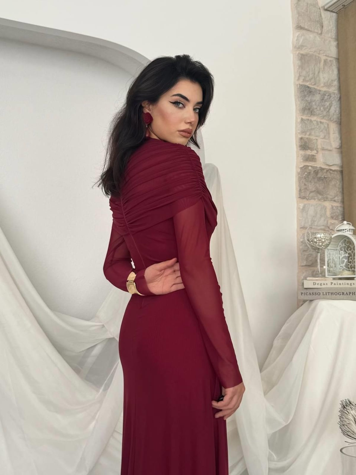 Novia Ruched Dress in Deep Red with Sheer Sleeves - Etika - by Peralane - photo 3