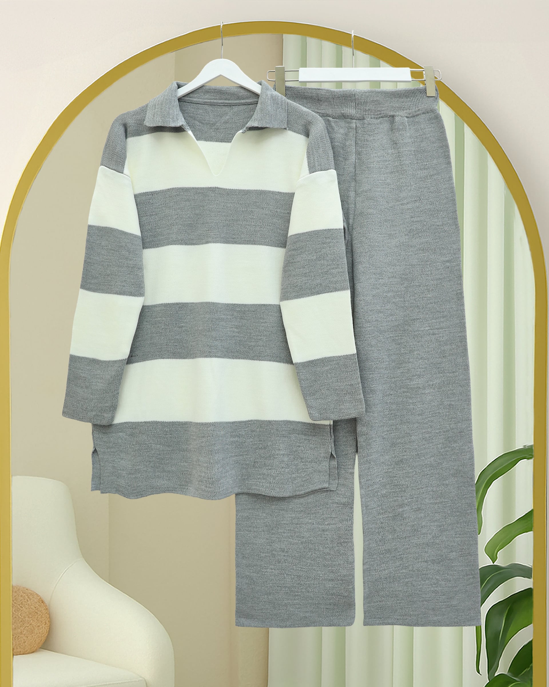 V-Neck Knit Lounge Set with Trousers - Grey - Podyumplus - by Peralane - photo 3