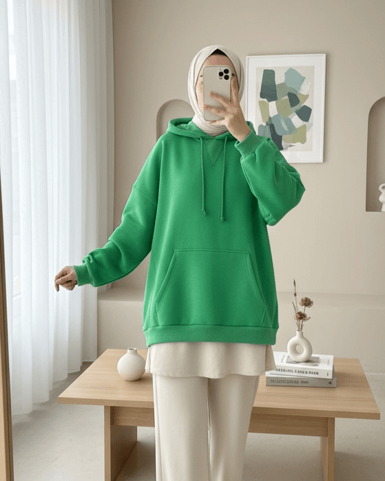Hooded Kangaroo Pocket Brushed Sweatshirt - Green - Podyumplus - by Peralane