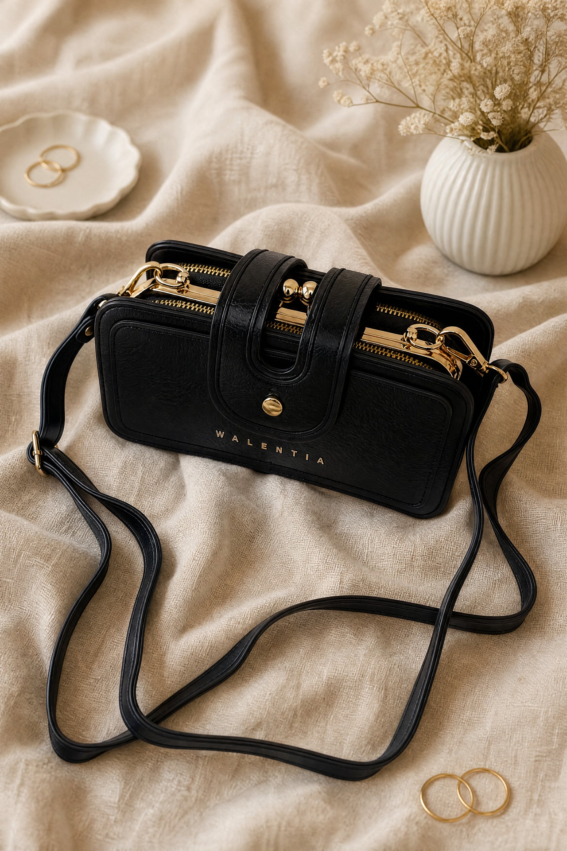 Gold Detail Multi-Functional Hand and Shoulder Bag - Black - Podyumplus - by Peralane