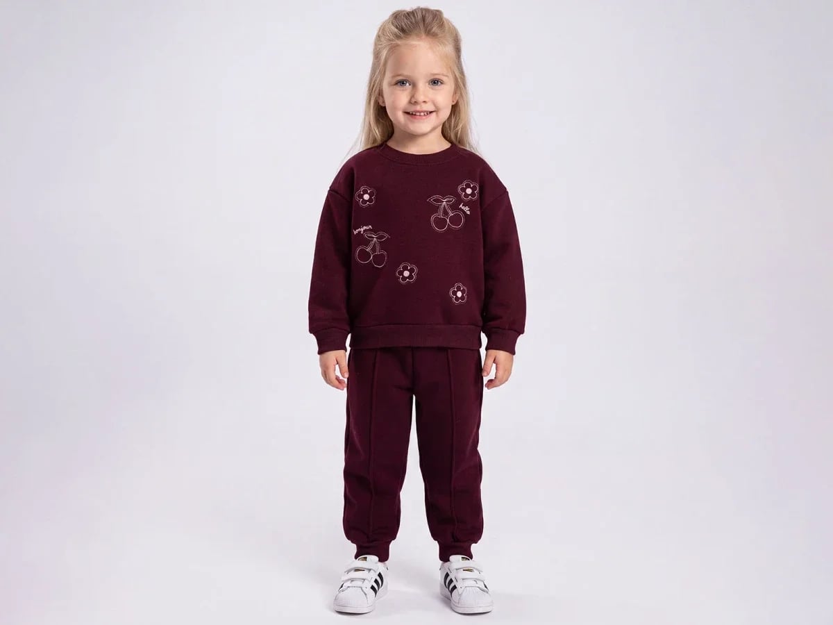 Girls' Sweatshirt and Trousers Set – Burgundy with Cherry and Flower Print - Feely Kids - by Peralane