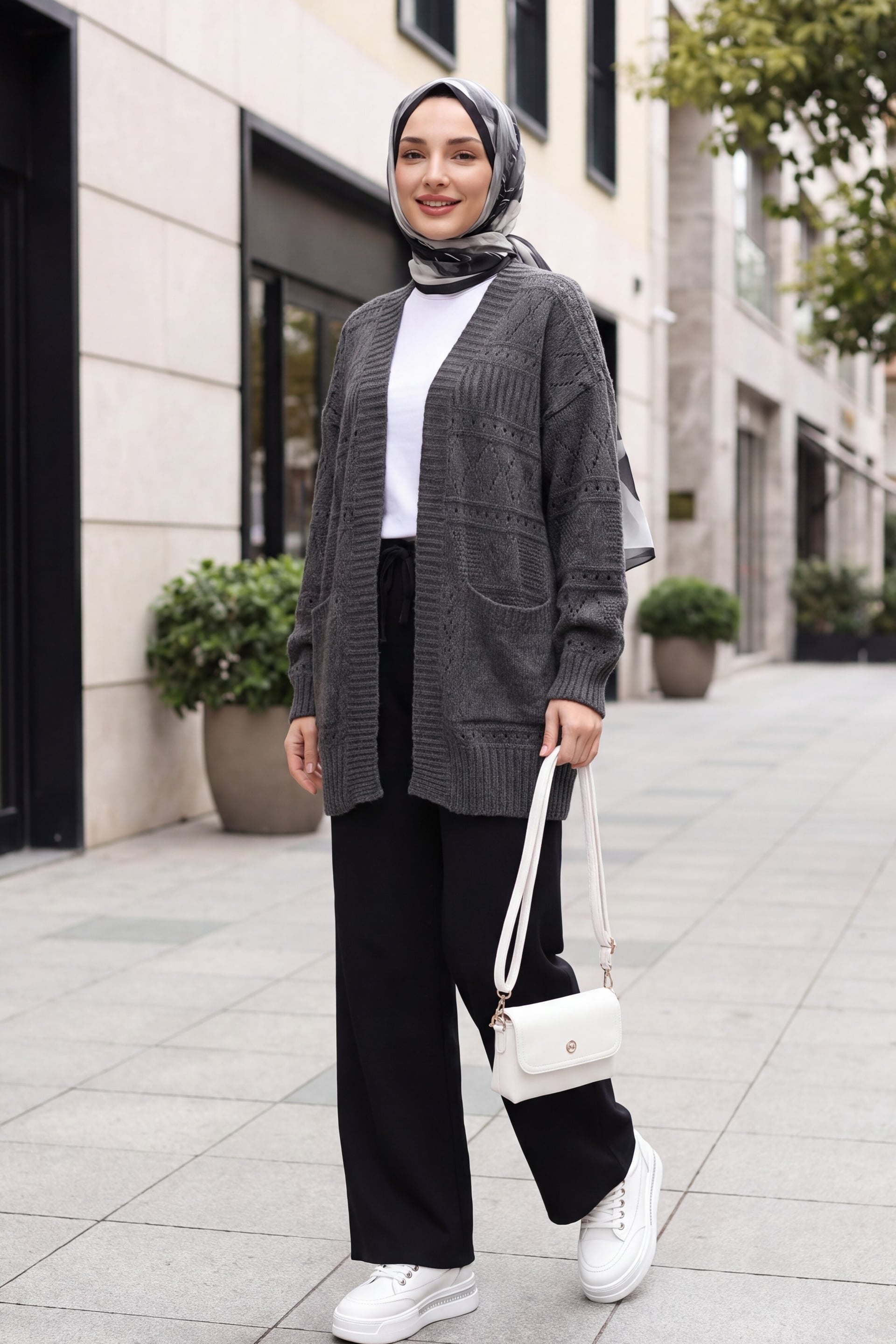 Open Front Knit Cardigan with Pockets for Women - Smoke Grey - Podyumplus - by Peralane - photo 3