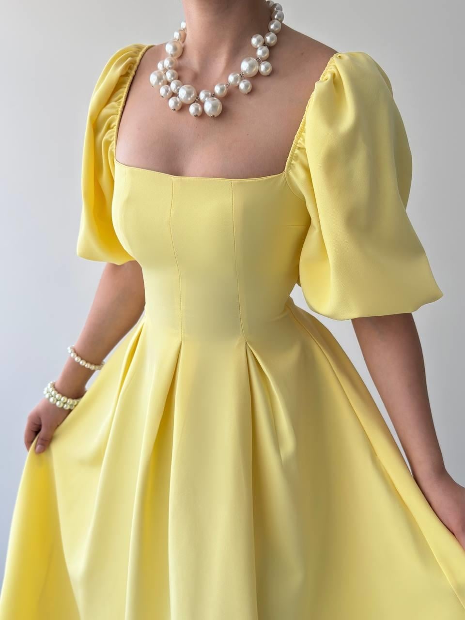 Yellow Poplin Midi Dress with Square Neckline and Pleated Skirt - Etika - by Peralane - photo 7