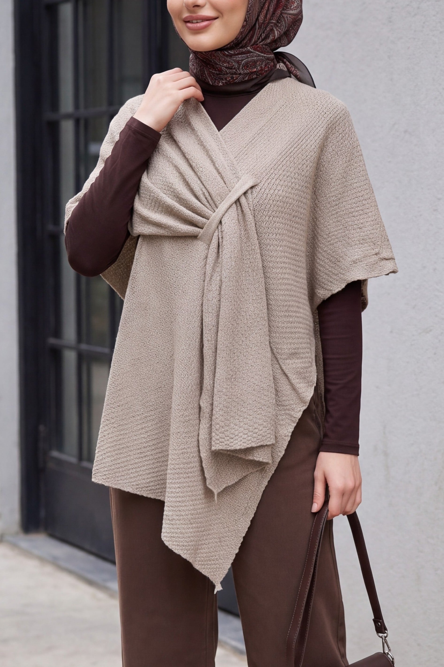 Relaxed Fit Daily Knit Poncho - Mink - Podyumplus - by Peralane