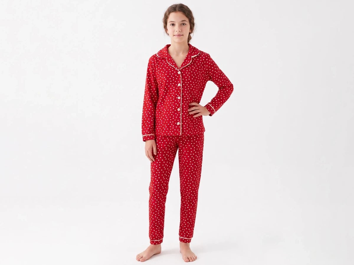 Red Heart Print Girls' Pyjama Set with Collar and Buttons - Dolas - by Peralane