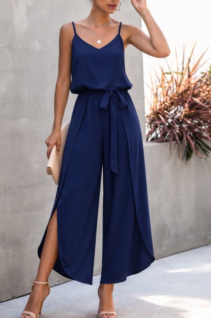 Women's Spaghetti Strap V-Neck Tie Waist Wide-Leg Jumpsuit with Side Slits - Janes - by Peralane