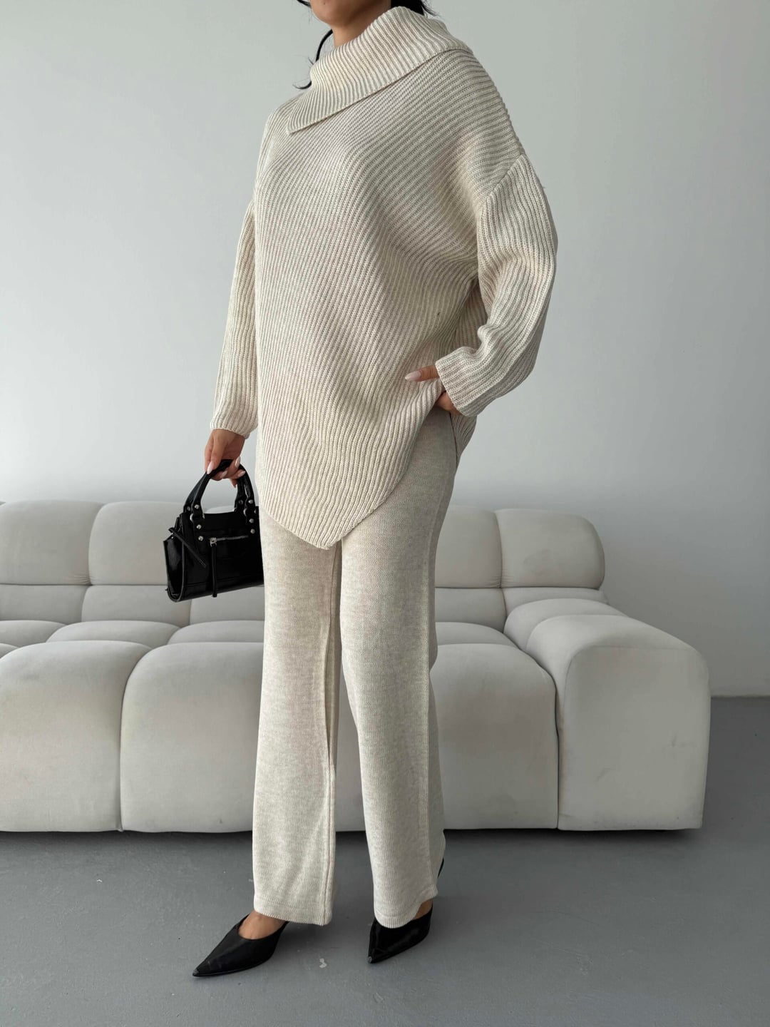 Beige Knit Sweater and Trousers Set with Cowl Neck - My Bee - by Peralane - photo 3