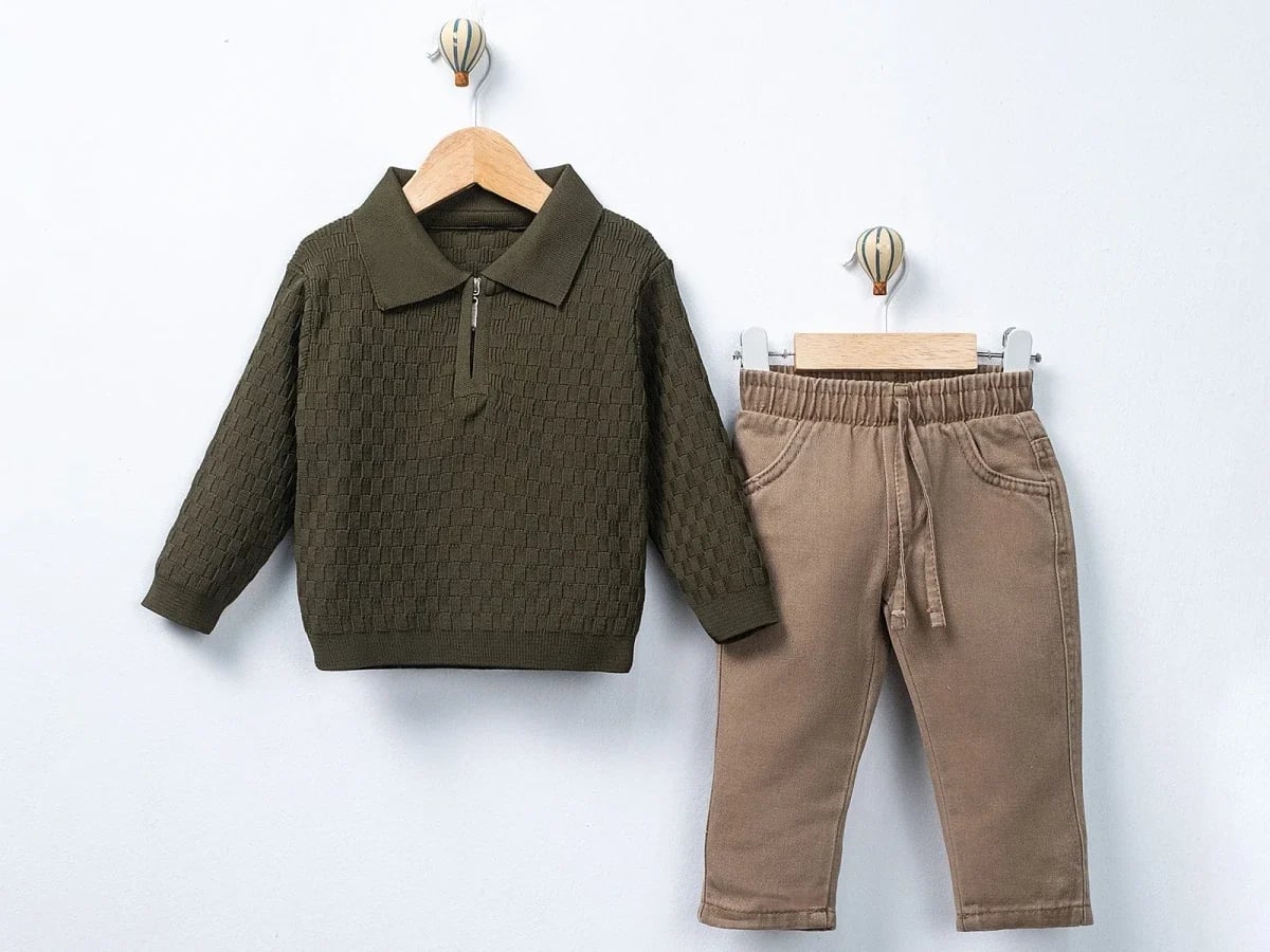 Patterned Boys' Knit Top and Trousers Set in Khaki - Canoz - by Peralane