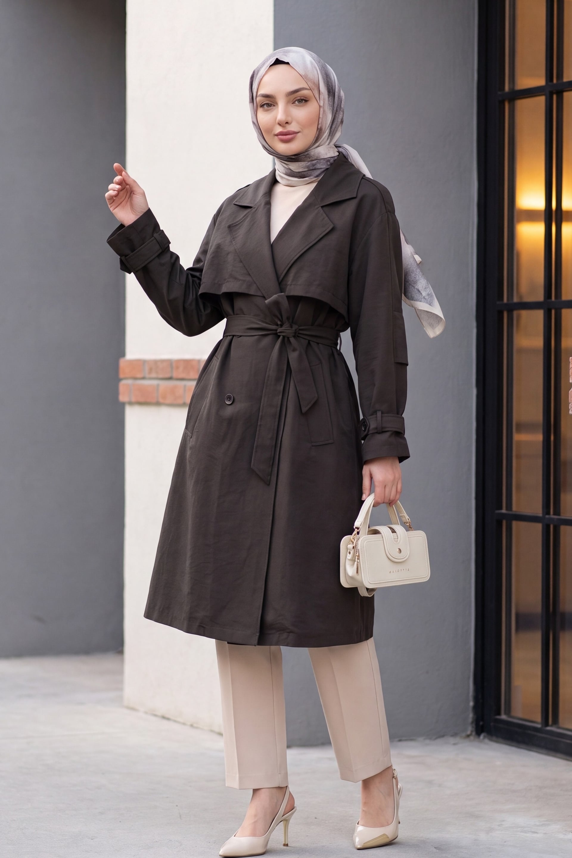 Pes Fabric Trench Coat with Belt, Pockets, Epaulettes and Bolero Detail - Dark Brown - Podyumplus - by Peralane - photo 4