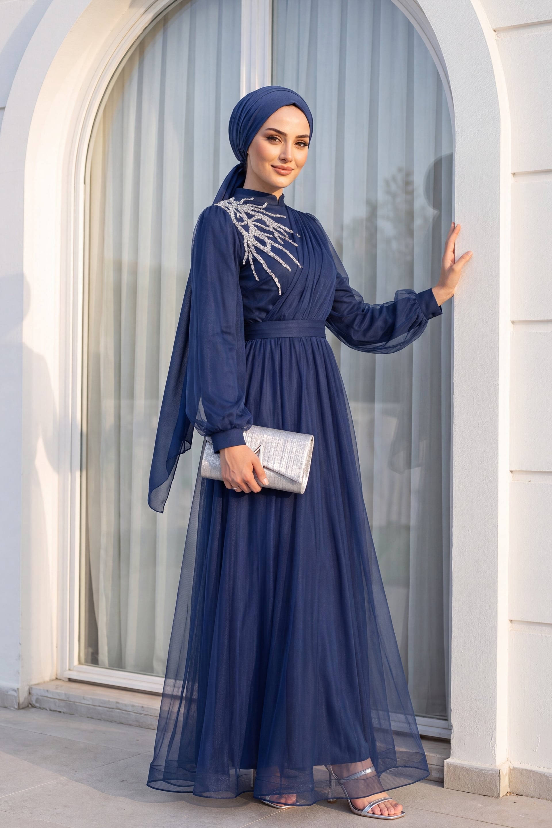 Navy Blue Stone Detailed Draped Belted Tulle Evening Dress - Podyumplus - by Peralane - photo 5
