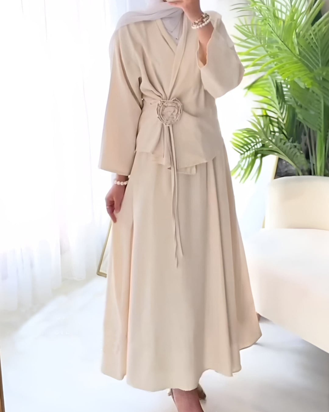 Rose Brooch Side-Tie Jacket and Skirt Modest Set - Beige - Podyumplus - by Peralane - photo 3