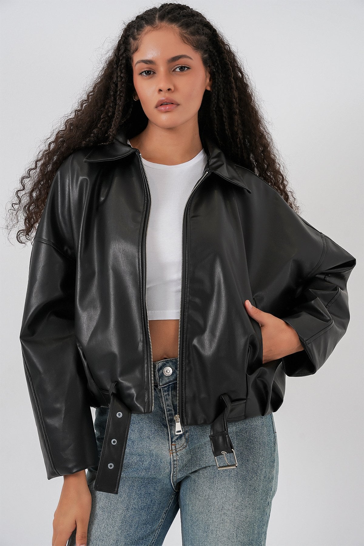 Women's Belted Faux Leather Jacket - Black - Bigdart - by Peralane - photo 3