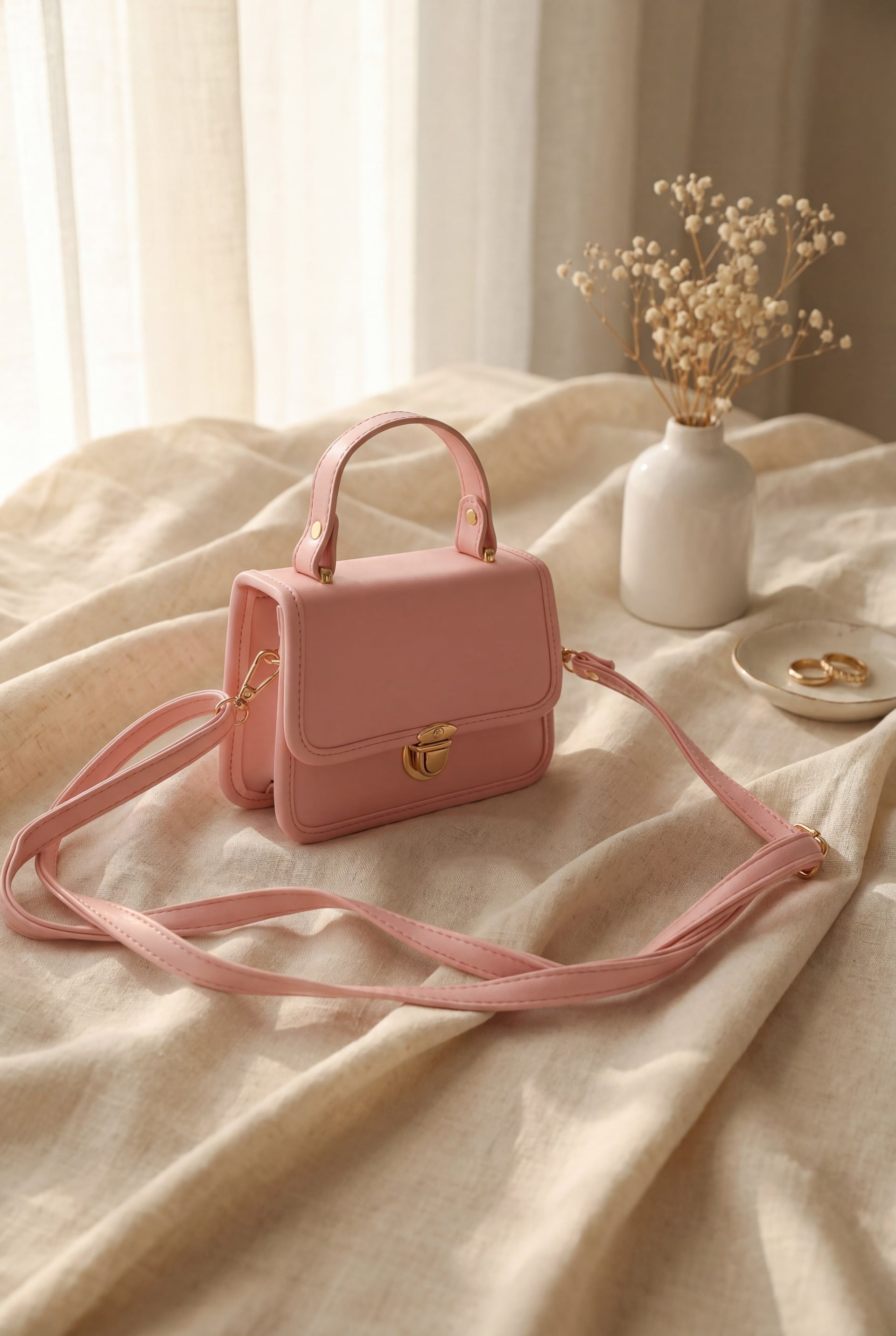 Box Bag with Lock Flap, Top Handle and Long Shoulder Strap - Powder - Podyumplus - by Peralane