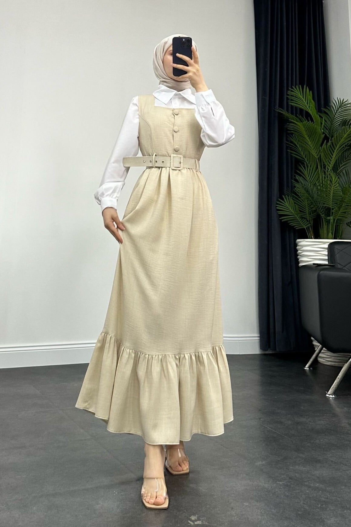 Top Buttoned Shirt and Pinafore Dress Set - Beige - Podyumplus - by Peralane - photo 4
