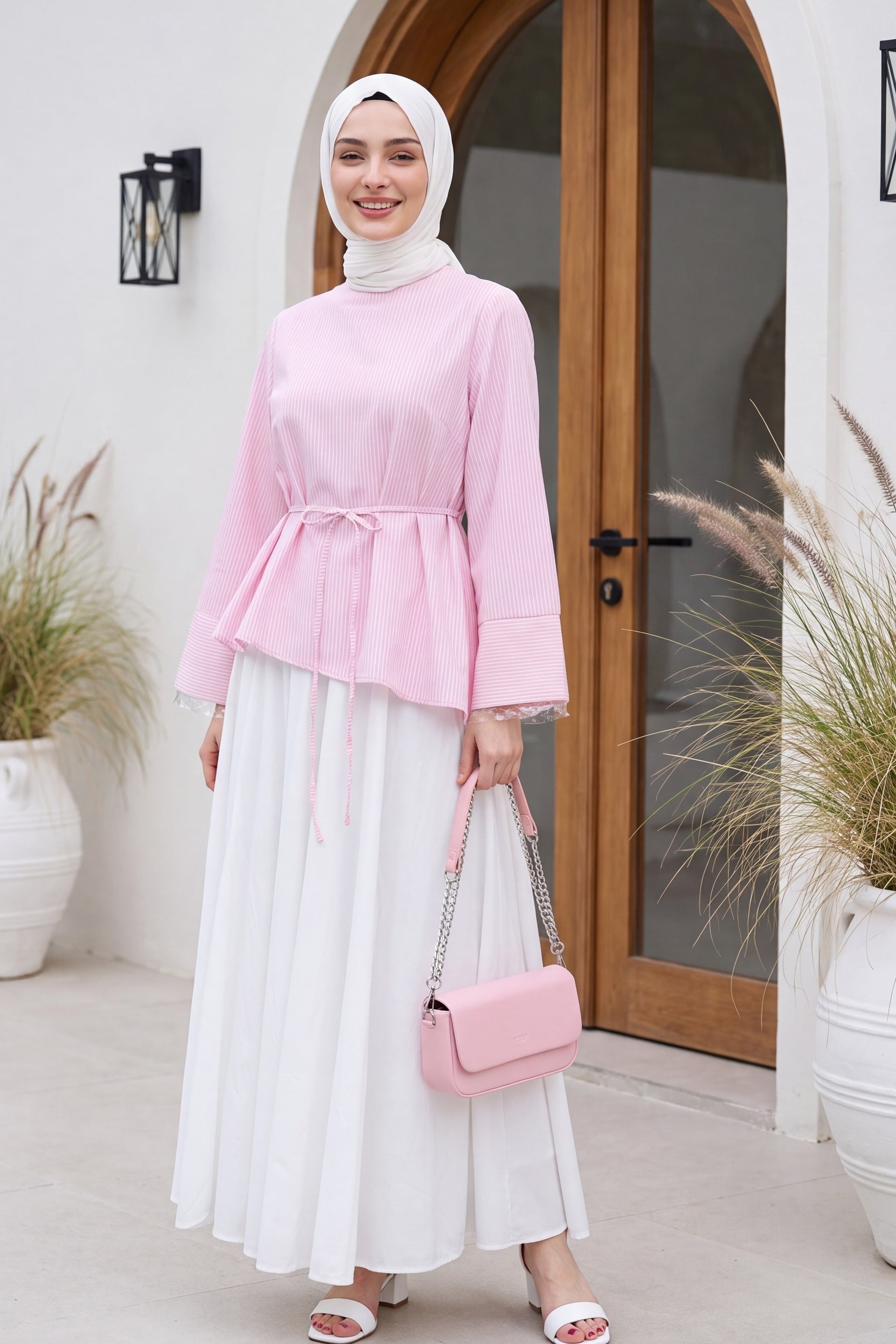 Pink Striped Tie-Waist Asymmetric Blouse - Podyumplus - by Peralane - photo 6