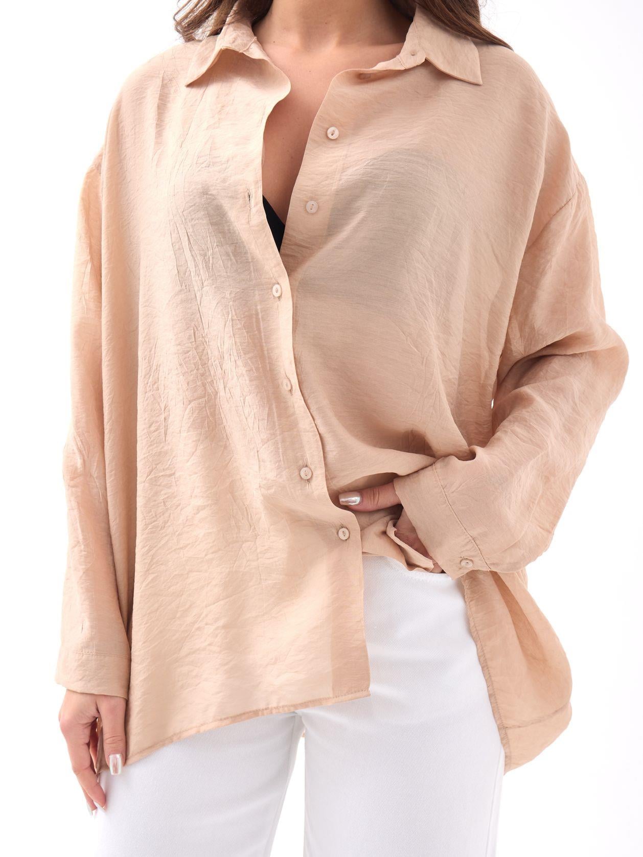 Women's Peach Crinkle Cotton Blouse with Collar and Long Sleeves - Fame - by Peralane - photo 4