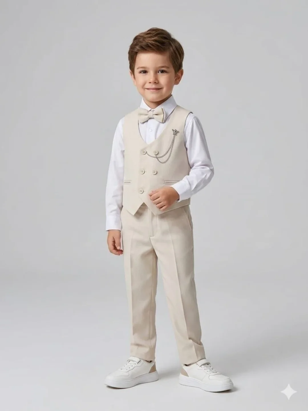 Montero Fabric Kids Boys' Formal Suit Set with Six-Button Vest - Beige - Terry - by Peralane