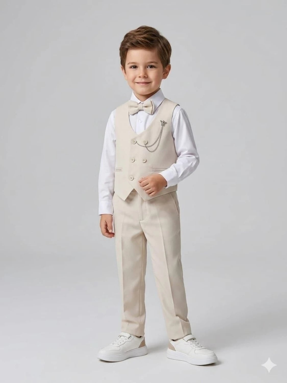 Cream Boy's Formal Suit Set with Double-Breasted Vest, Ages 11-14 - Terry - by Peralane