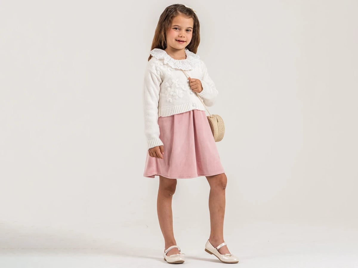 Girl's 3-Piece Dress Set with Floral Embroidered Collar Cardigan and Bag - Dusty Pink - Pampal Kids - by Peralane