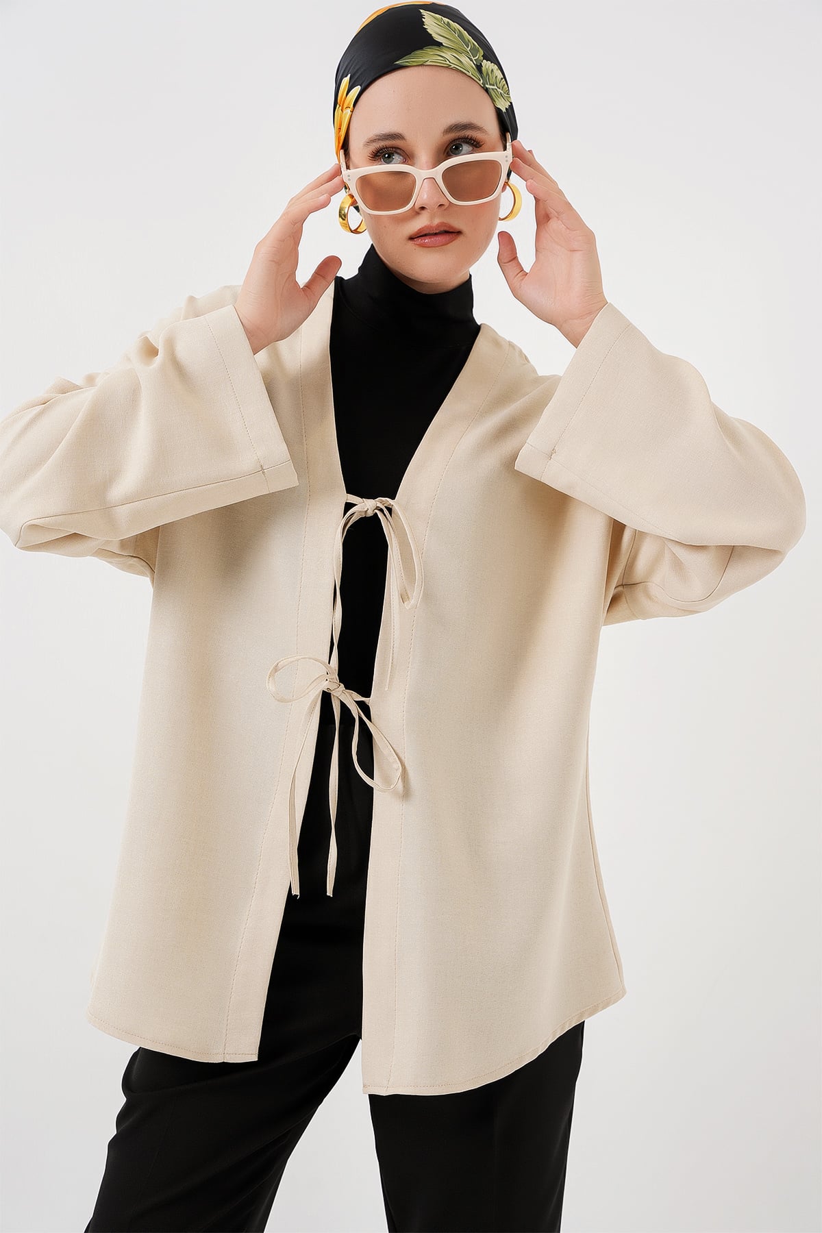 Krem Linen Modest Kimono with Tie Closures - 5968 - Bigdart - by Peralane - photo 2