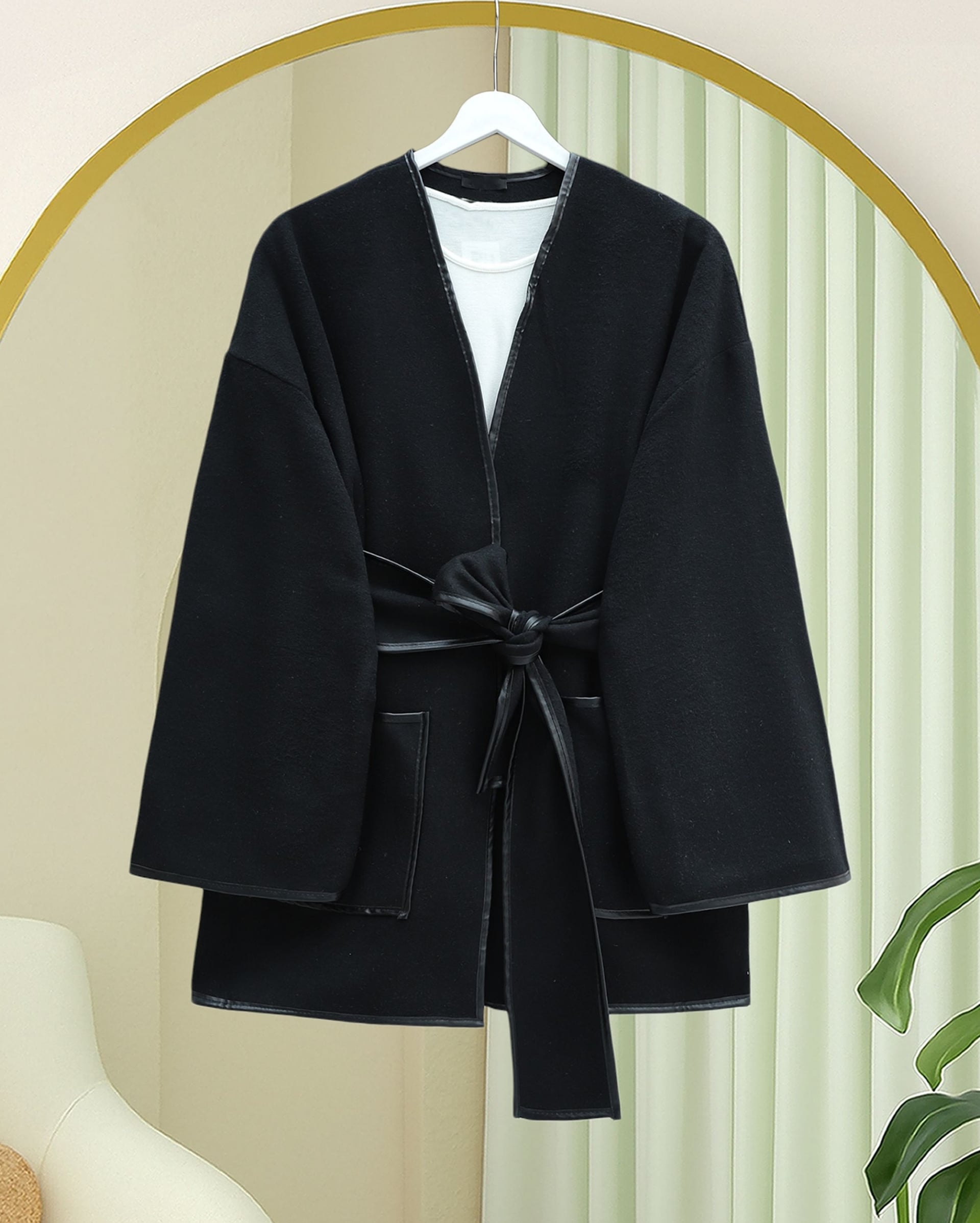 Black Faux Leather Trim Belted Cardigan with Pockets - Podyumplus - by Peralane - photo 4
