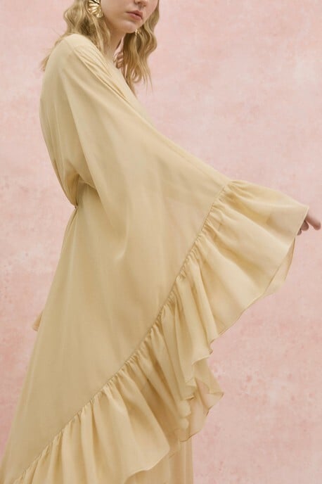 Beige Chiffon Asymmetric Cut Side Frill Abaya Dress with Lining and Belt - Podyumplus - by Peralane - photo 3