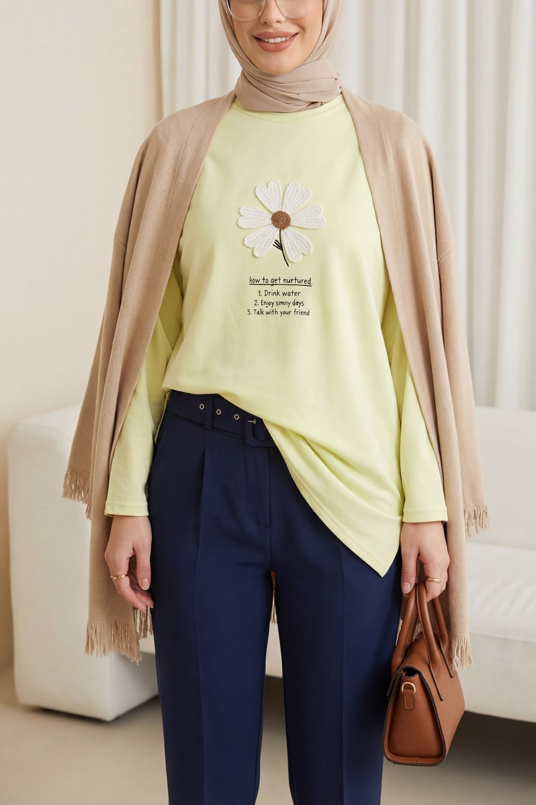 Crew Neck Jersey Tunic with Floral Appliqué - Pale Yellow - Podyumplus - by Peralane - photo 2