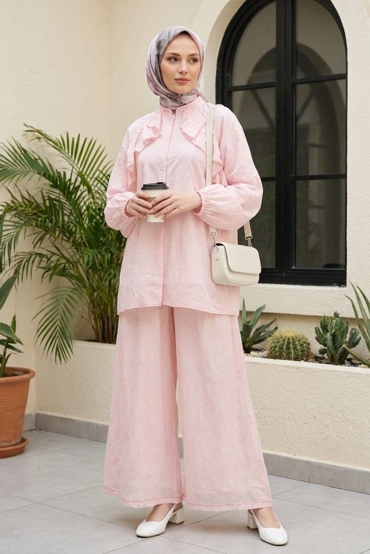 Crew Neck Frill Front Lined Voile Set - Powder - Podyumplus - by Peralane - photo 6