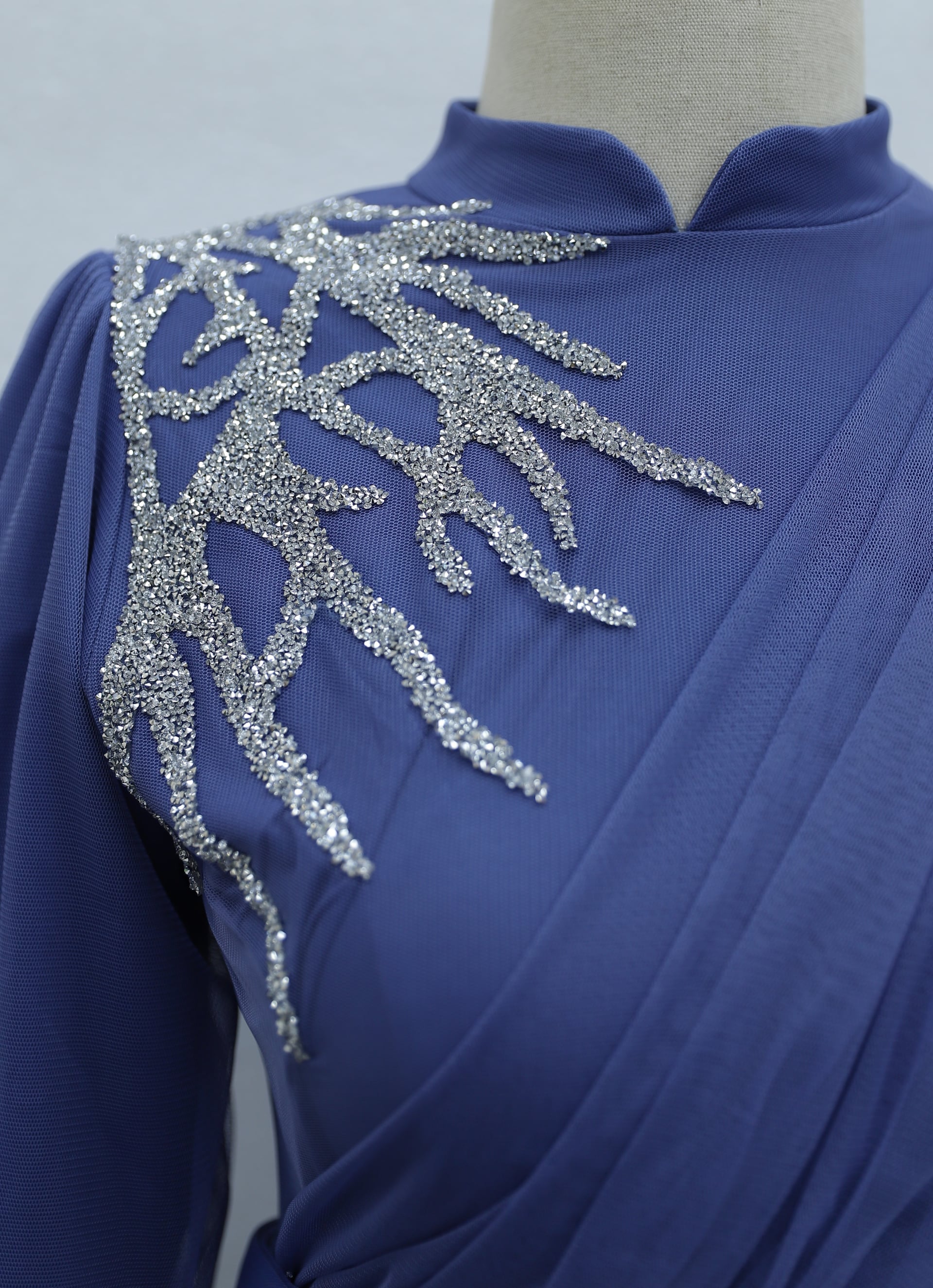 Indigo Evening Dress with Stone Details, Draped Belted Tulle - Podyumplus - by Peralane - photo 6