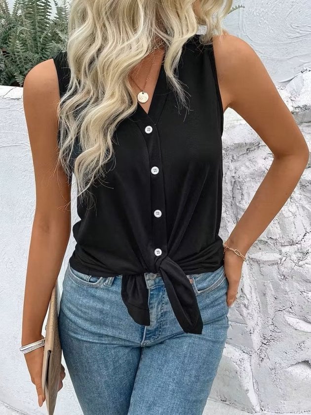 Women's Sleeveless V-Neck Button-Front Tie Detail Viscose Blouse - Janes - by Peralane - photo 2