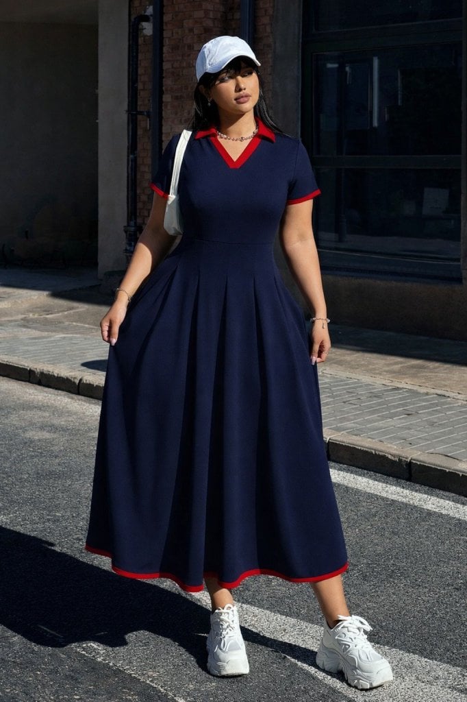 Women's Navy Blue Short-Sleeve V-Neck Pleated Long Crepe Dress with Red Trim - Janes - by Peralane