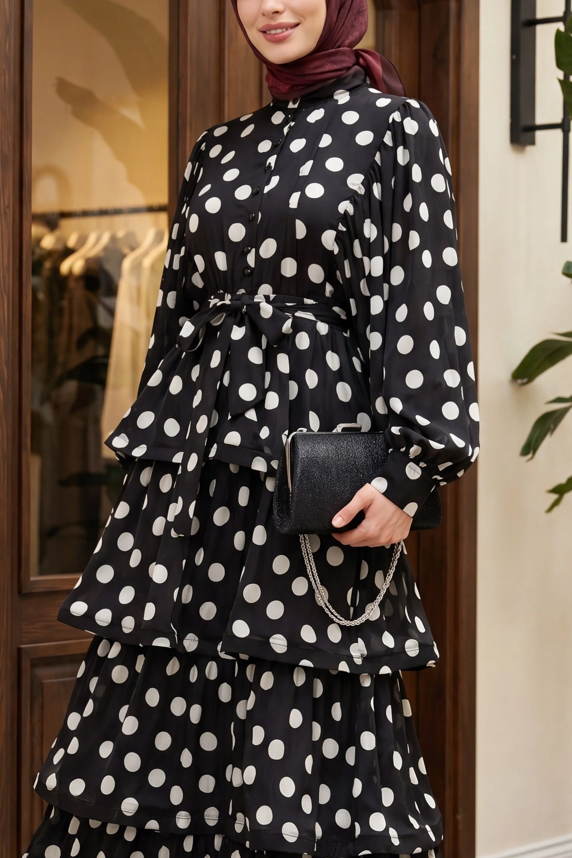 Polka Dot Tiered Button Tie Waist Batwing Sleeve Satin Dress - Black - Podyumplus - by Peralane - photo 3