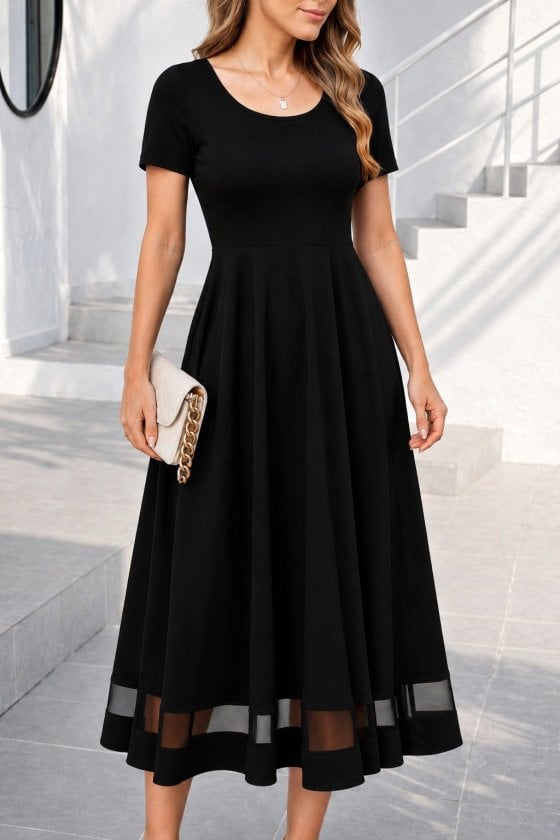 Women's Black Short-Sleeve Round Neck Midi Dress with Tulle Detail and Crepe Texture - Janes - by Peralane