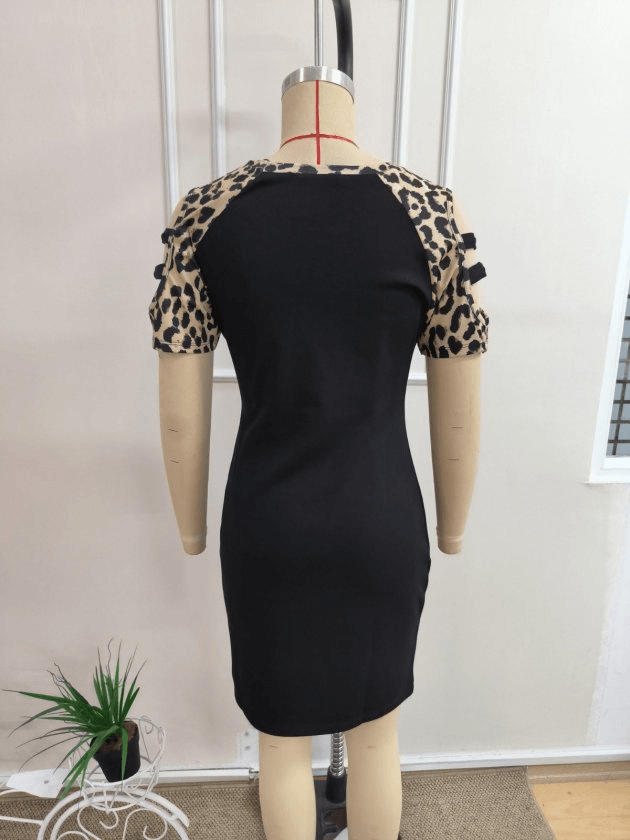 Women's Short Sleeve Black Leopard Print Ribbed Knit Dress - Janes - by Peralane - photo 5
