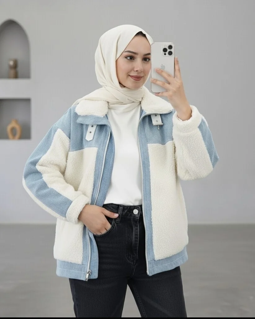 Denim-Detail Lined Pocket Plush Coat - White - Podyumplus - by Peralane - photo 4