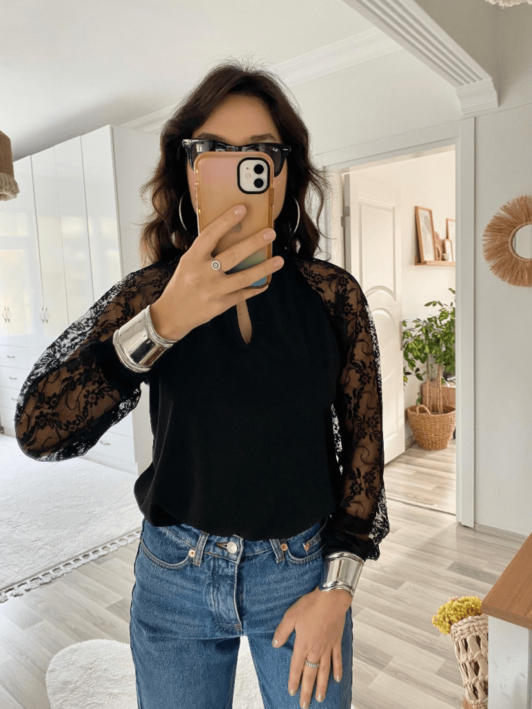 Women's Long Sleeve High Neck Keyhole Blouse with Lace Sleeves in Black - Janes - by Peralane - photo 4