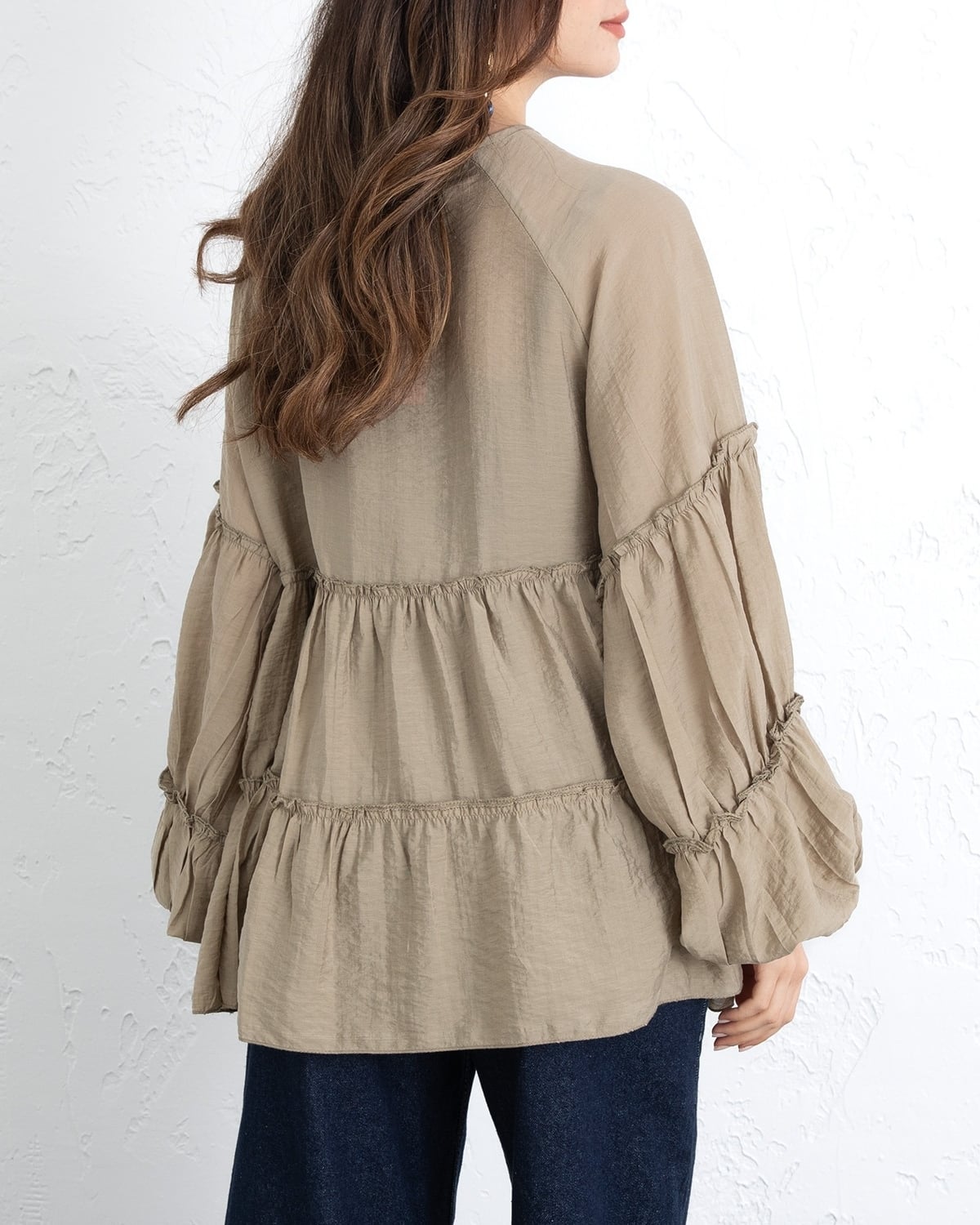 Tie-Front Layered Modal Blouse with Elastic Cuffs - Khaki - Podyumplus - by Peralane - photo 6