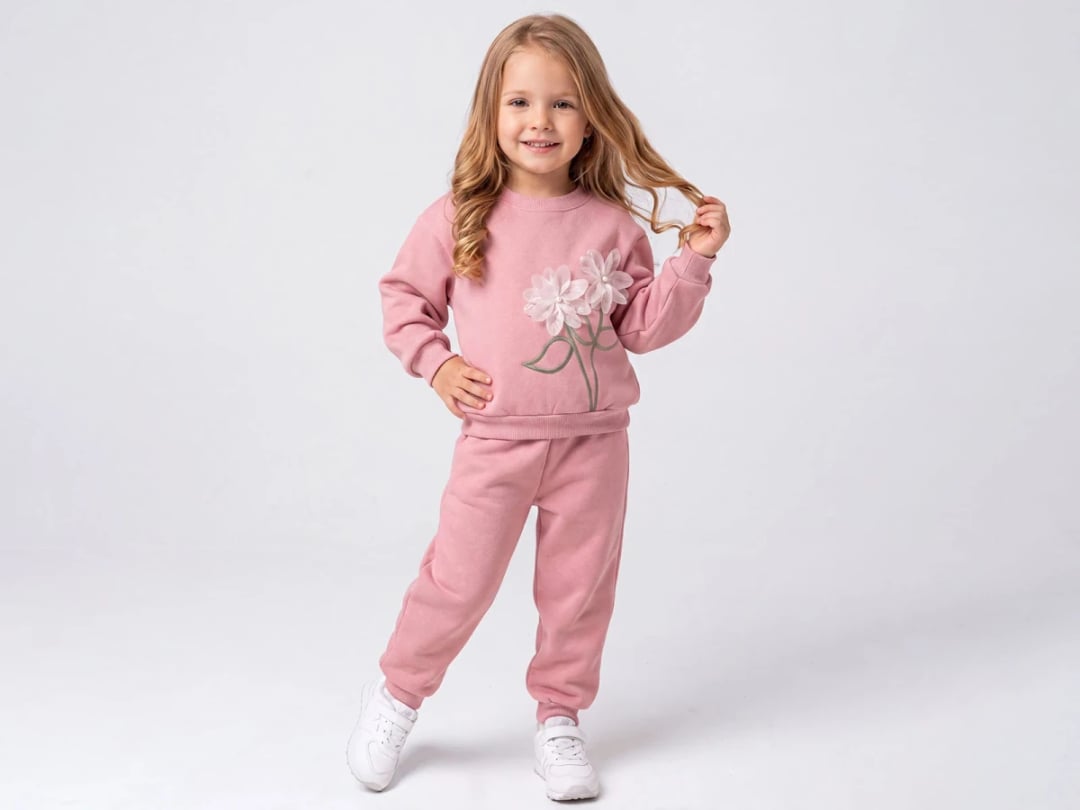Girls' Floral Embroidered Sweatshirt and Trousers Set - Dusty Rose Pink - Feely Kids - by Peralane