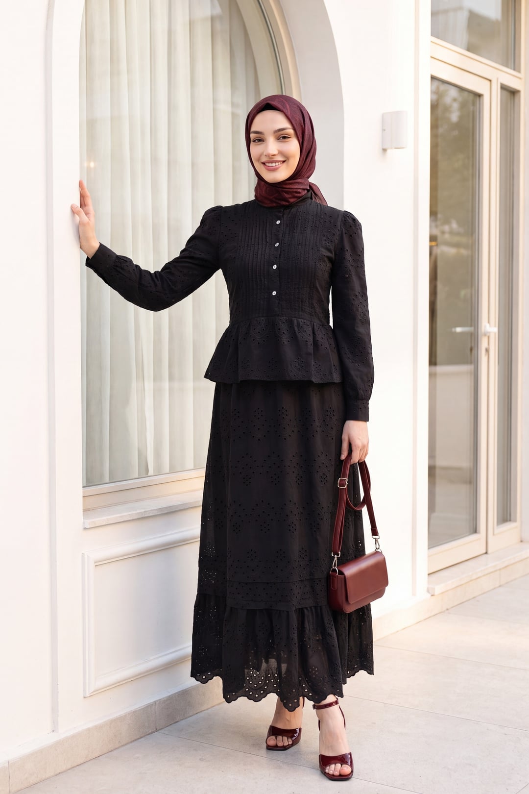 Black Cotton-Polyester Two-Piece Set with Ribbed Front, Stone Buttons, Scalloped Trim, Lined Skirt - Podyumplus - by Peralane - photo 2