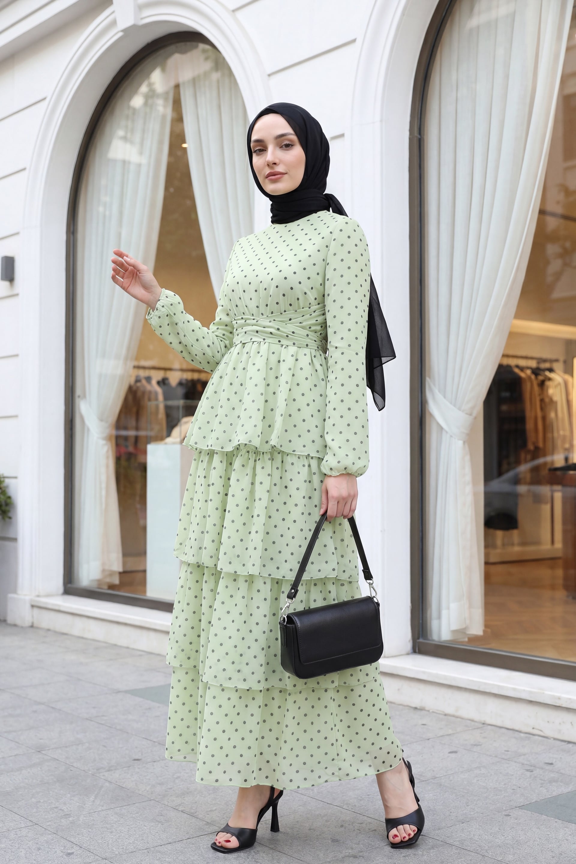 Cross-Wrap Tiered Polka Dot Chiffon Dress - Light Green - Podyumplus - by Peralane - photo 2