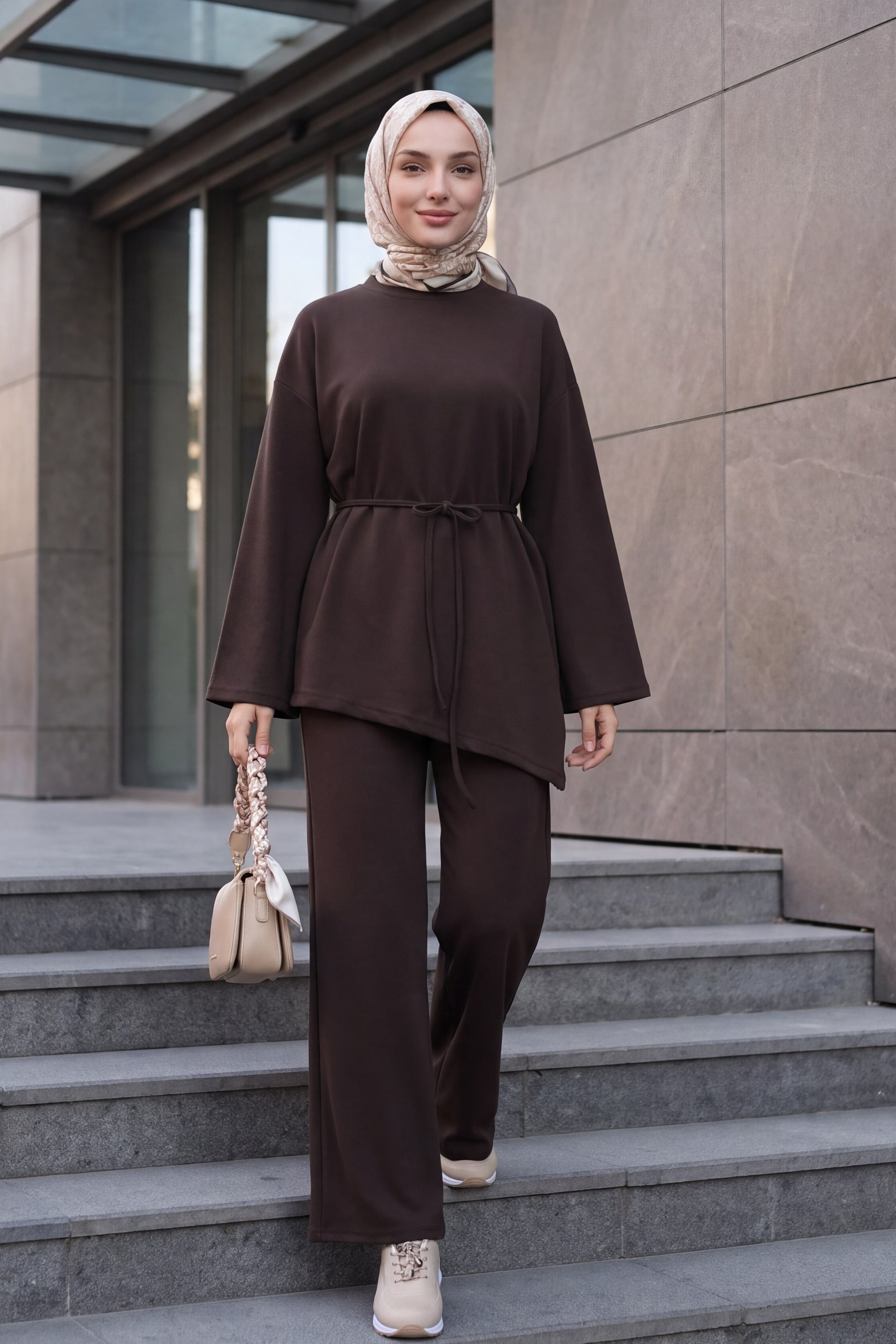 Asymmetric Cut Belted Pants Oversize Jersey Co-ord Set - Brown - Podyumplus - by Peralane - photo 3